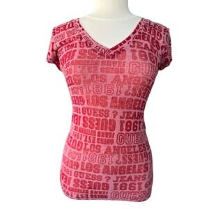 Vtg Y2K Guess Logocentric‎ Ruched V Neck Red T Shirt Size Small Hip Hop Pop Core